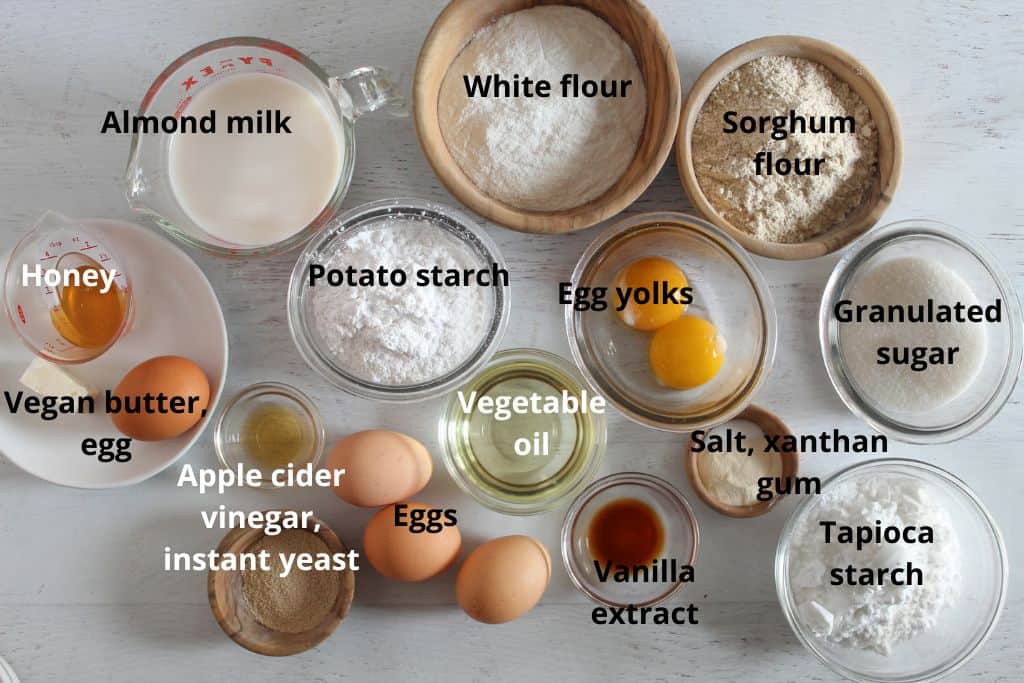 labeled ingredients for making easter bread on the countertop.