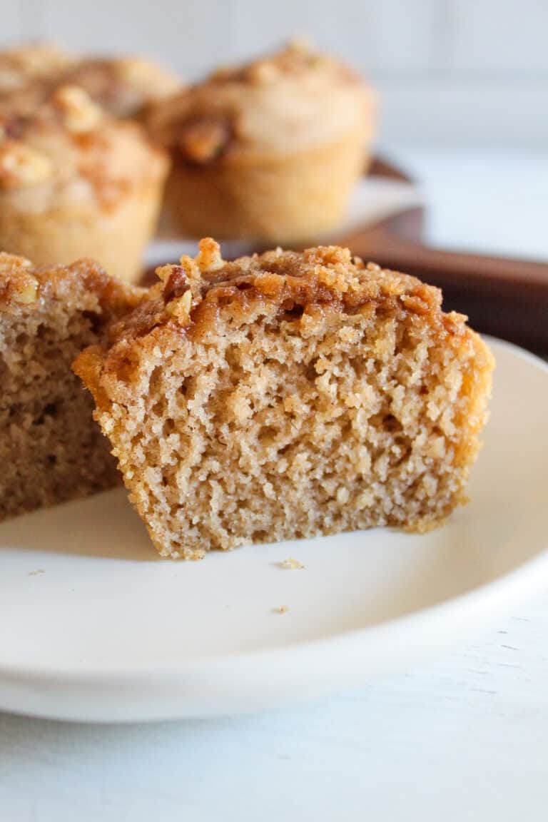 inside of a gluten free cinnamon muffin on a plate.