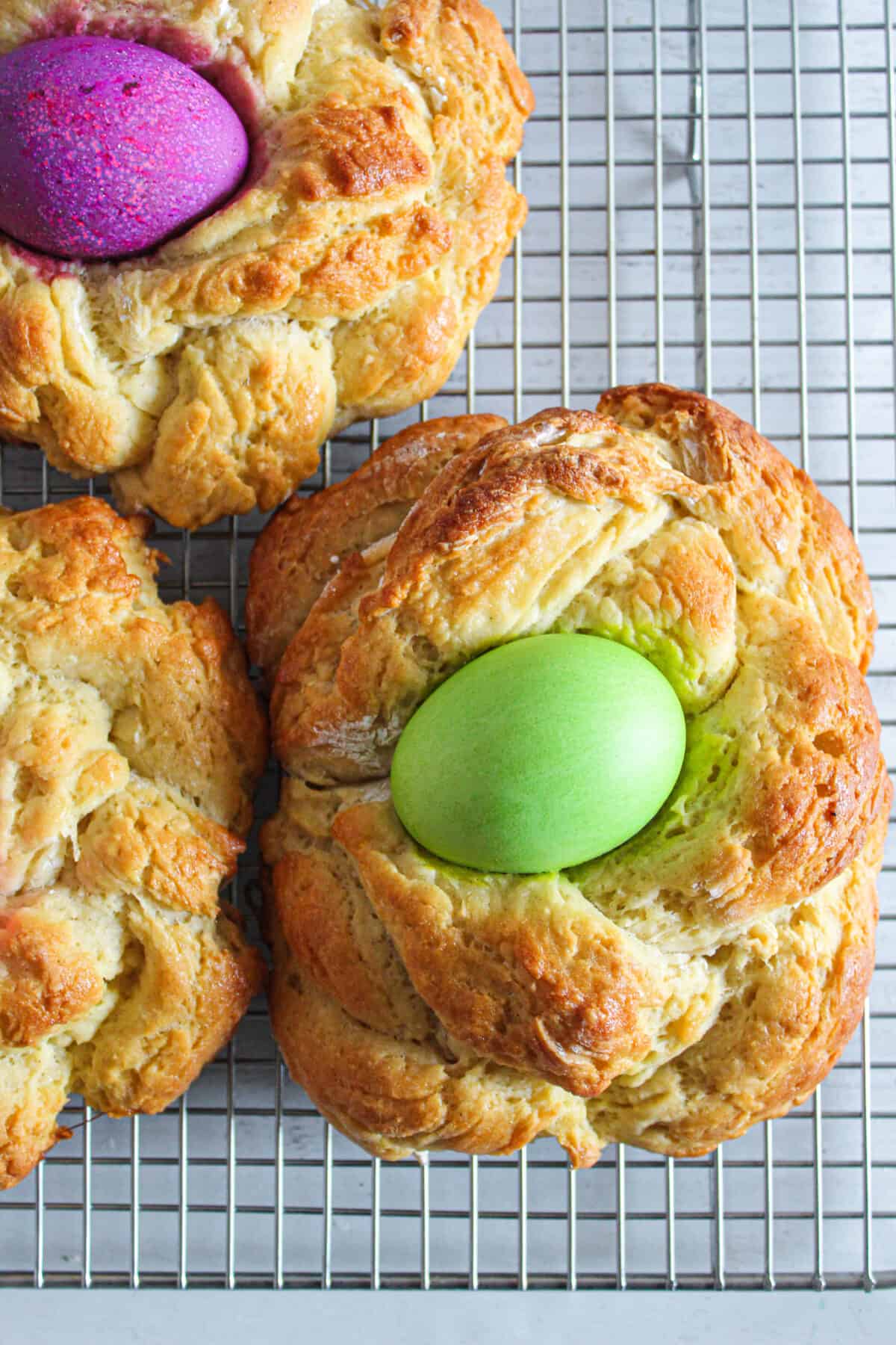 gluten free easter bread on a wire rack, overhead shot.