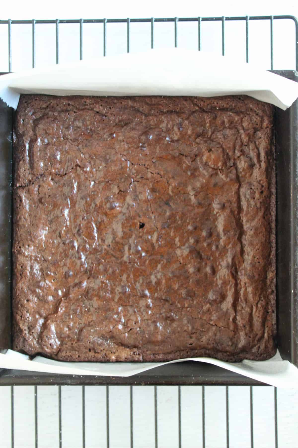 baked brownie in a baking pan.