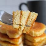 bite of almond flour pancakes on a fork.