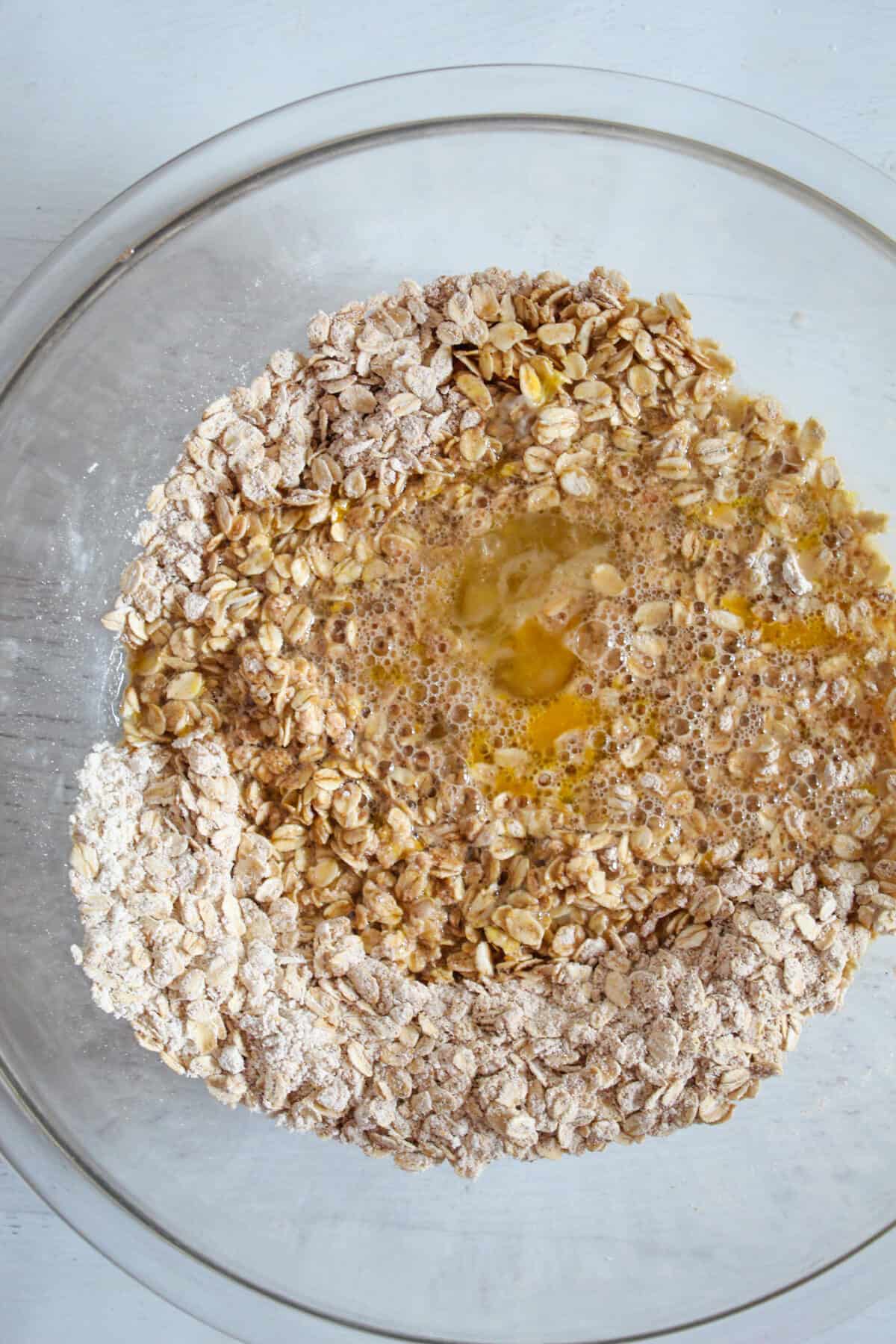 wet ingredients added to a bowl.