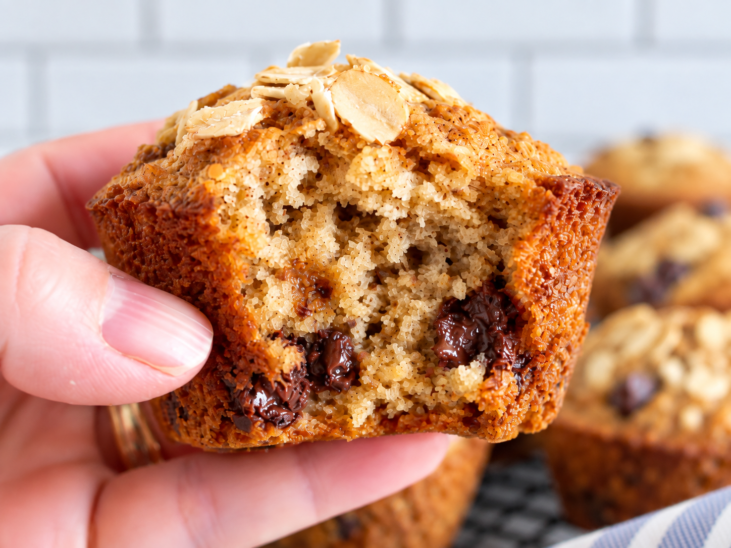 Hand holding an oatmeal chocolate chip muffin