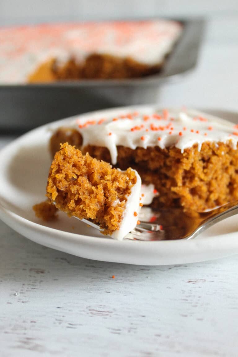 bite of a gluten free pumpkin bar on a fork