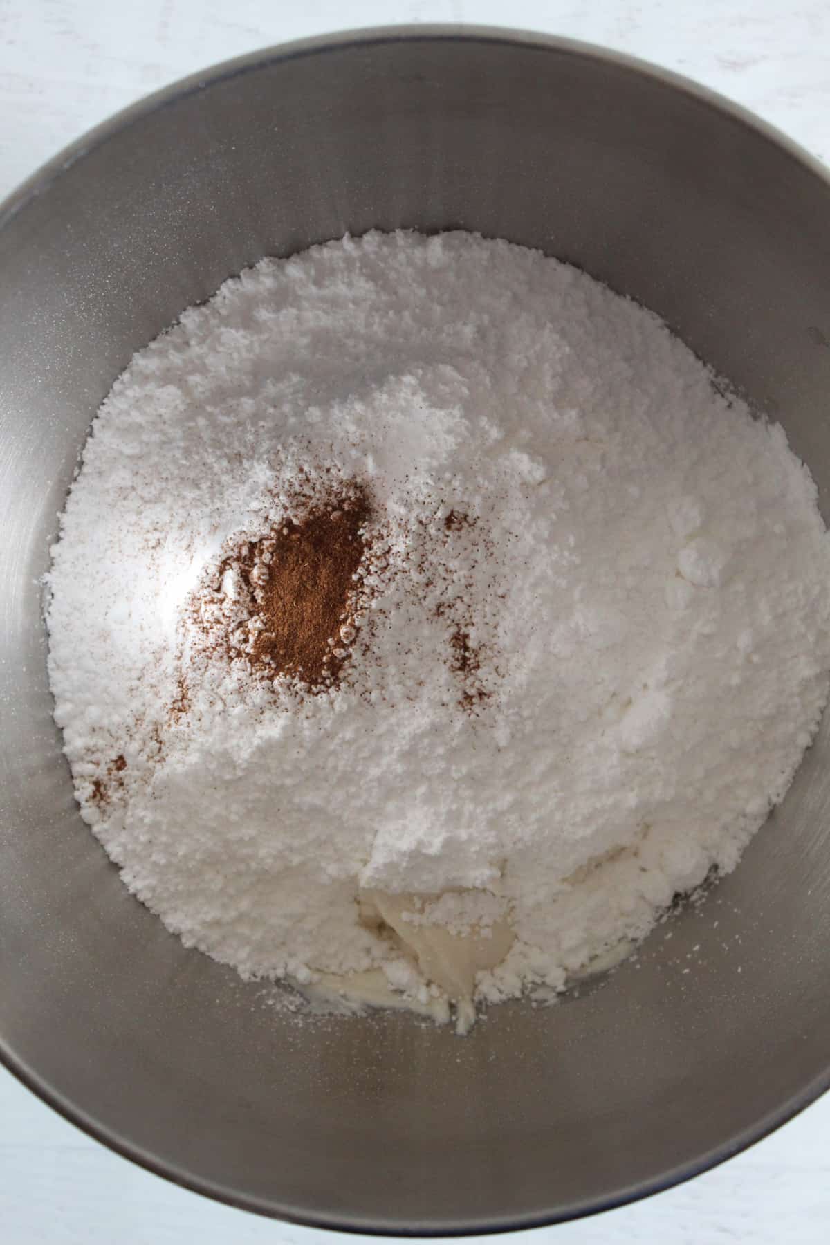 powdered sugar in a mixing bowl