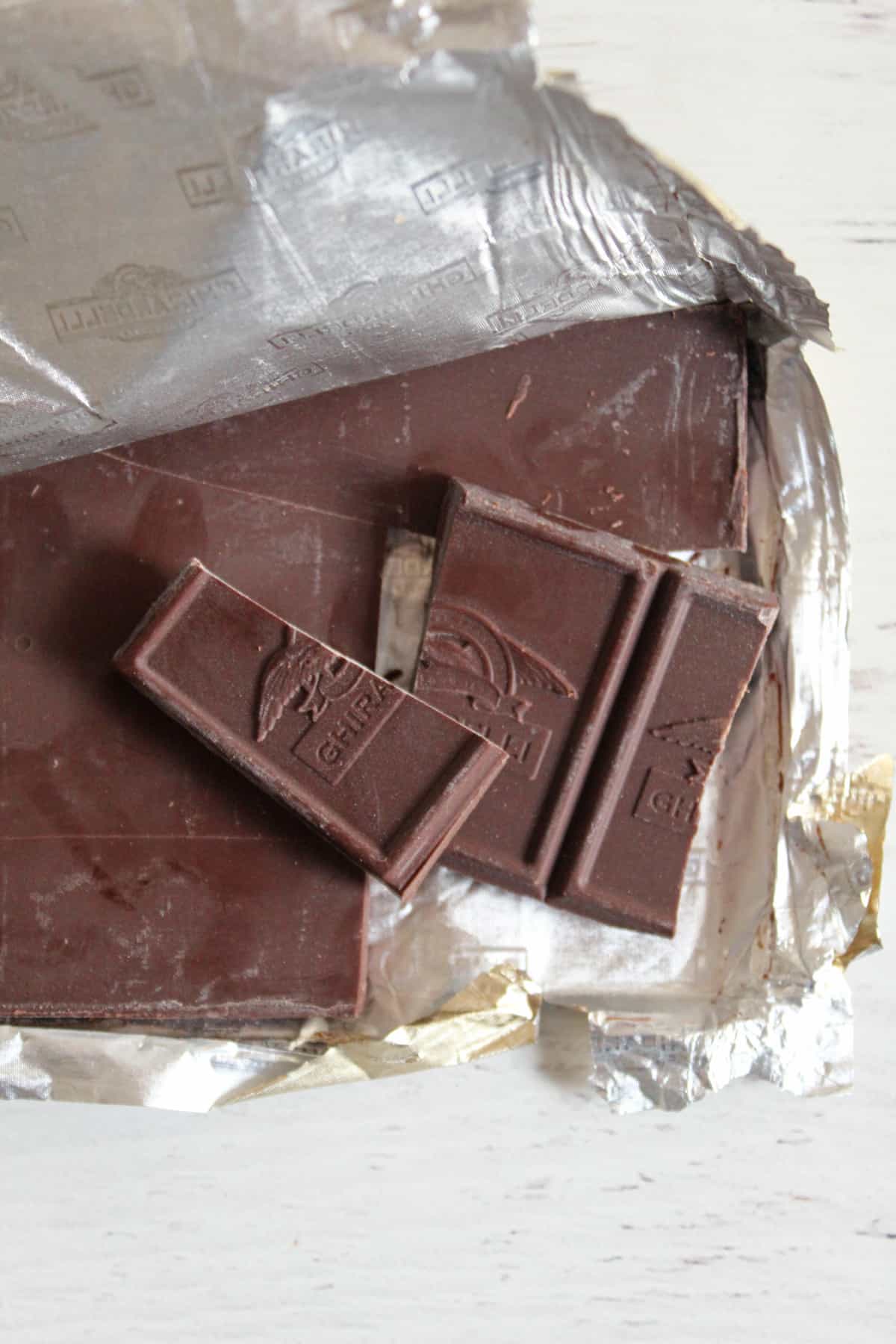 broken pieces of bittersweet chocolate bar