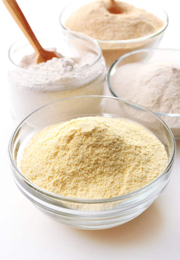 clear bowl of cornmeal on a counter