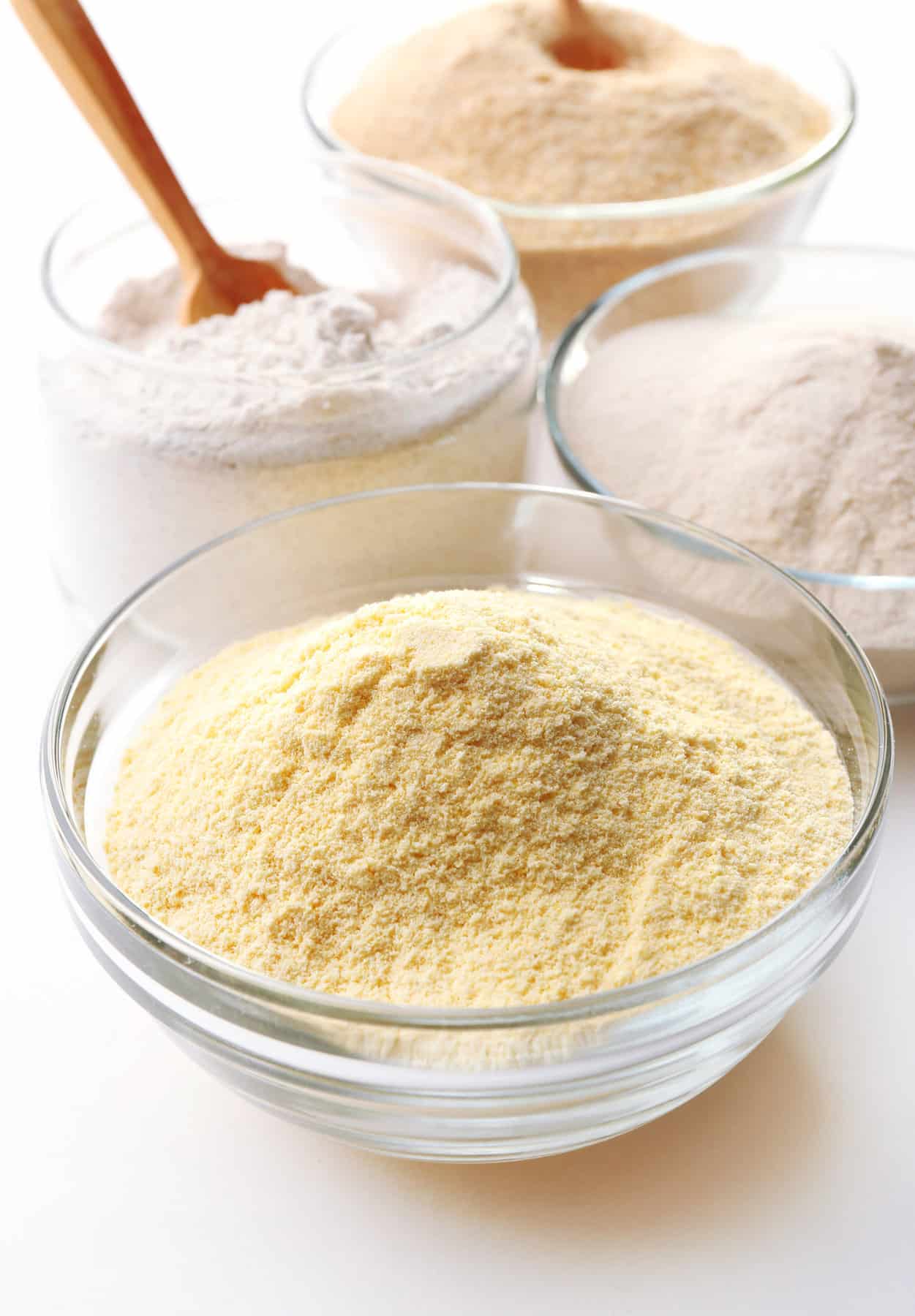 clear bowl of cornmeal on a counter