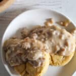 overhead shot of plate of biscuits and gravy