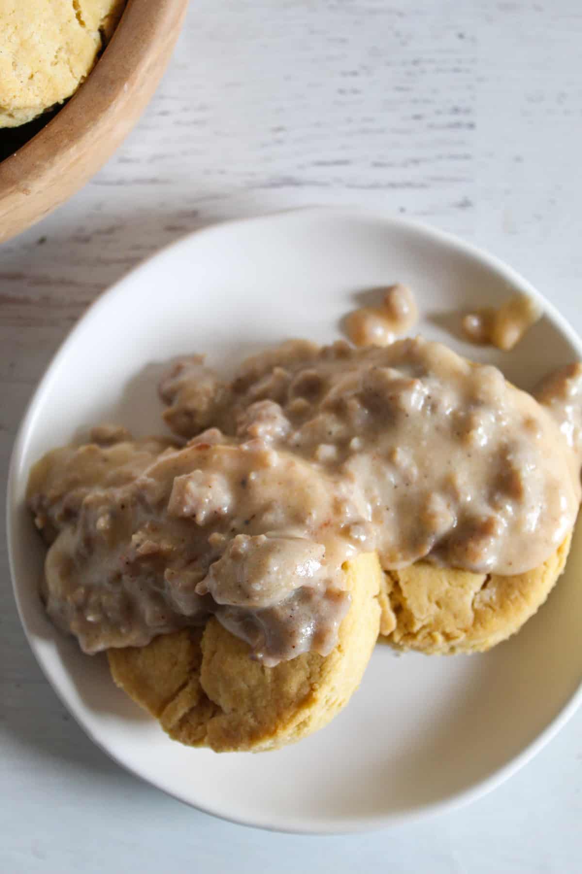 overhead shot of plate of biscuits and gravy