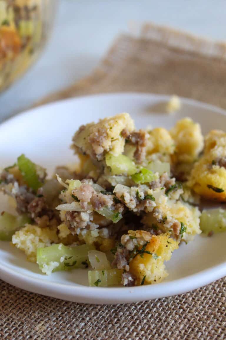 gluten free stuffing on a white plate