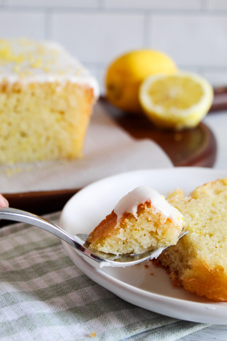 bite of gluten free lemon pound cake on a fork