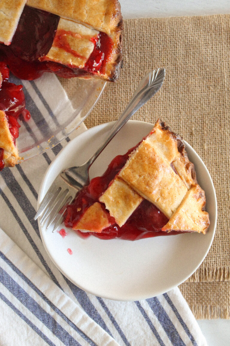 overhead shot of gluten free cherry pie on a plate