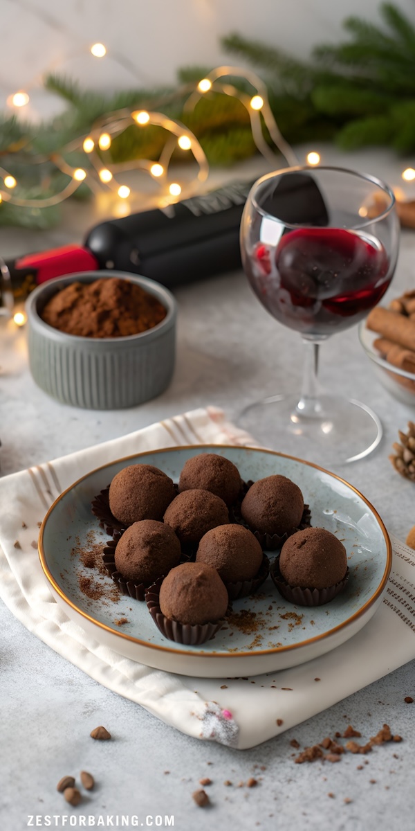 Wine Delight Truffles recpie gluten free christmas treats on a kitchen table surrounded by holiday baking ingredients