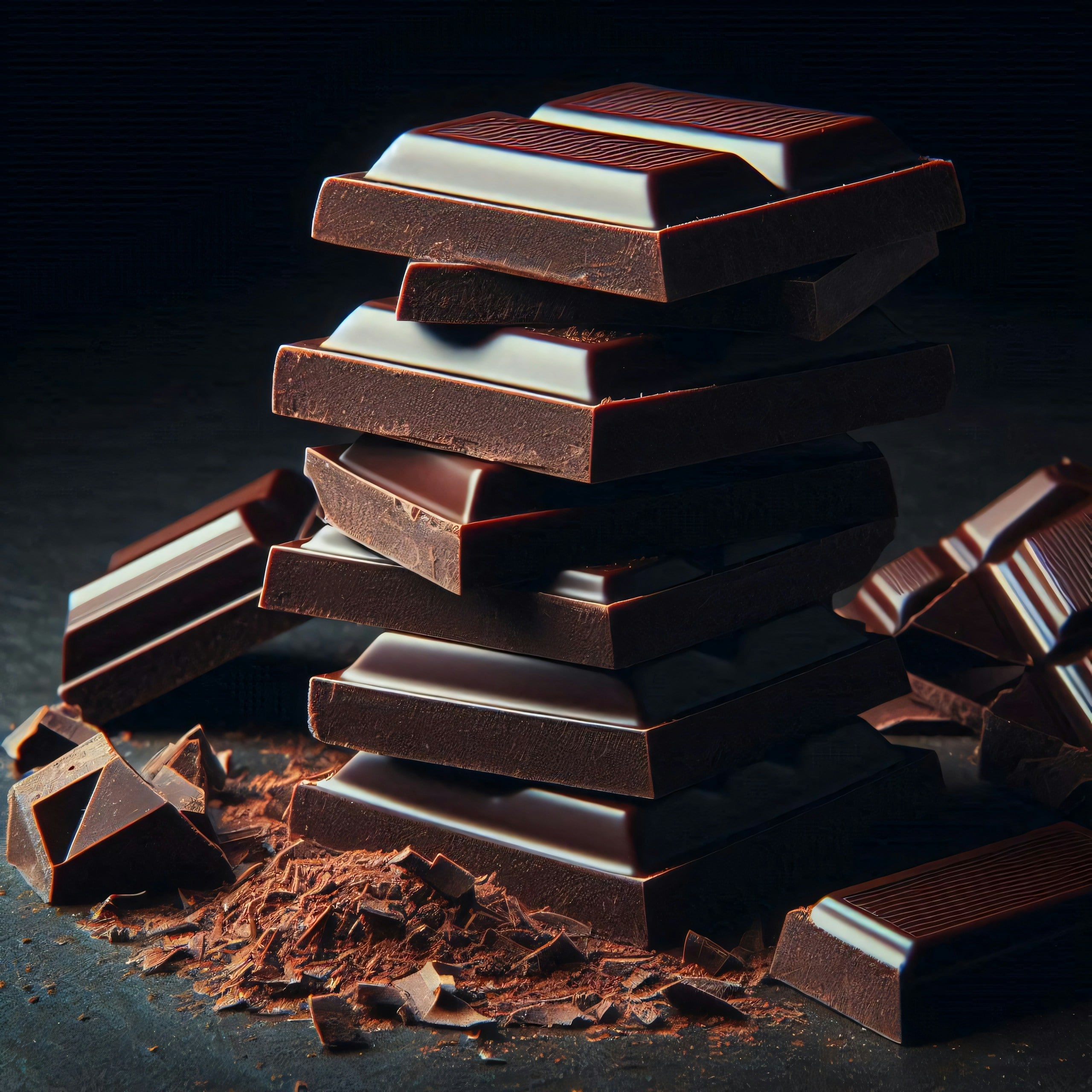 stack of unsweetened chocolate bar with cocoa shaving.