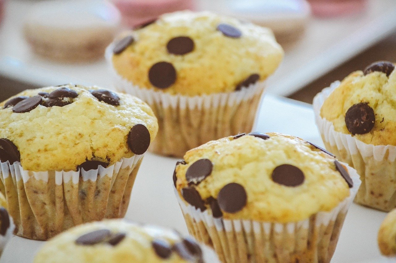 Chocolate chip muffins on a white surface