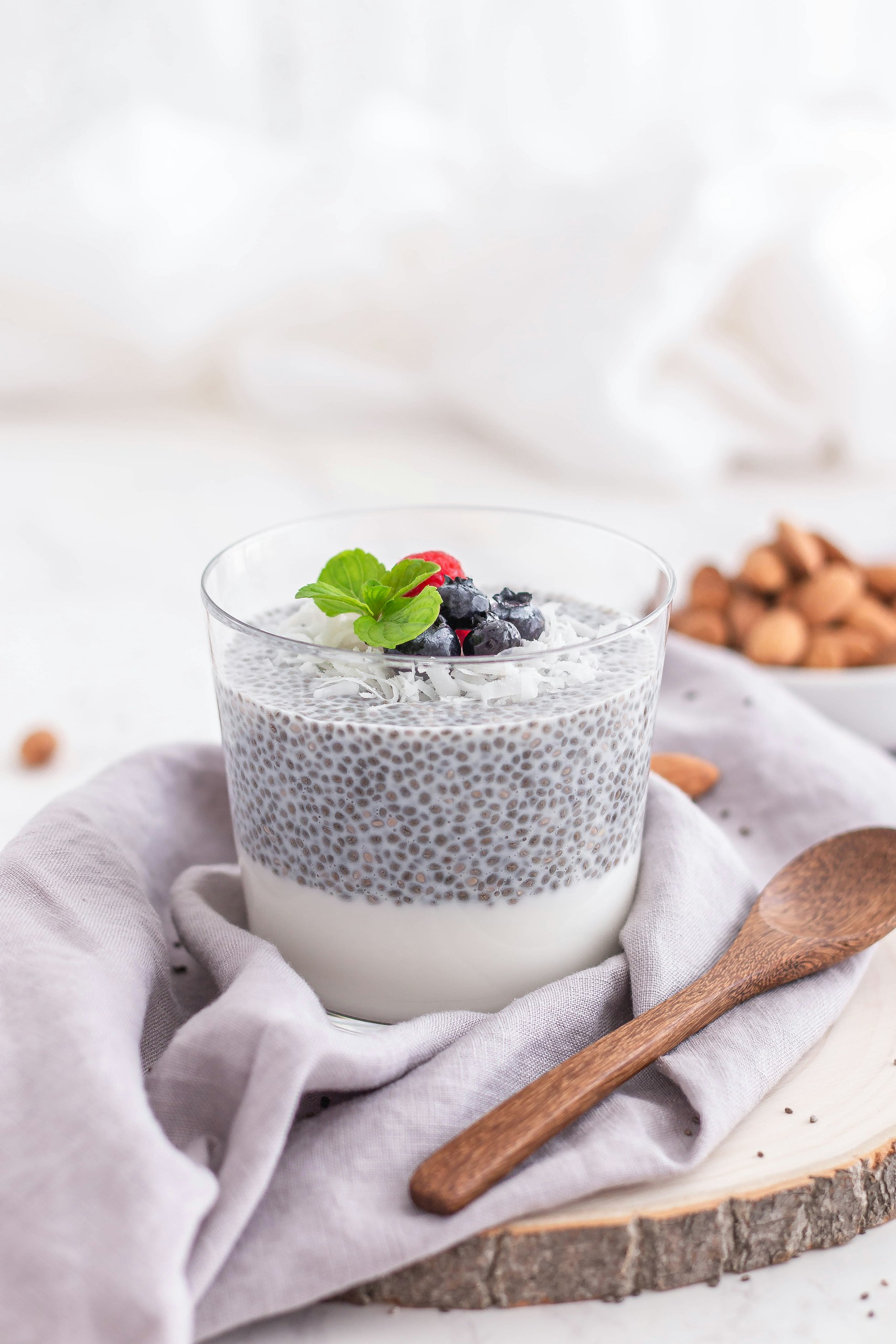a glass of chia pudding with milk 