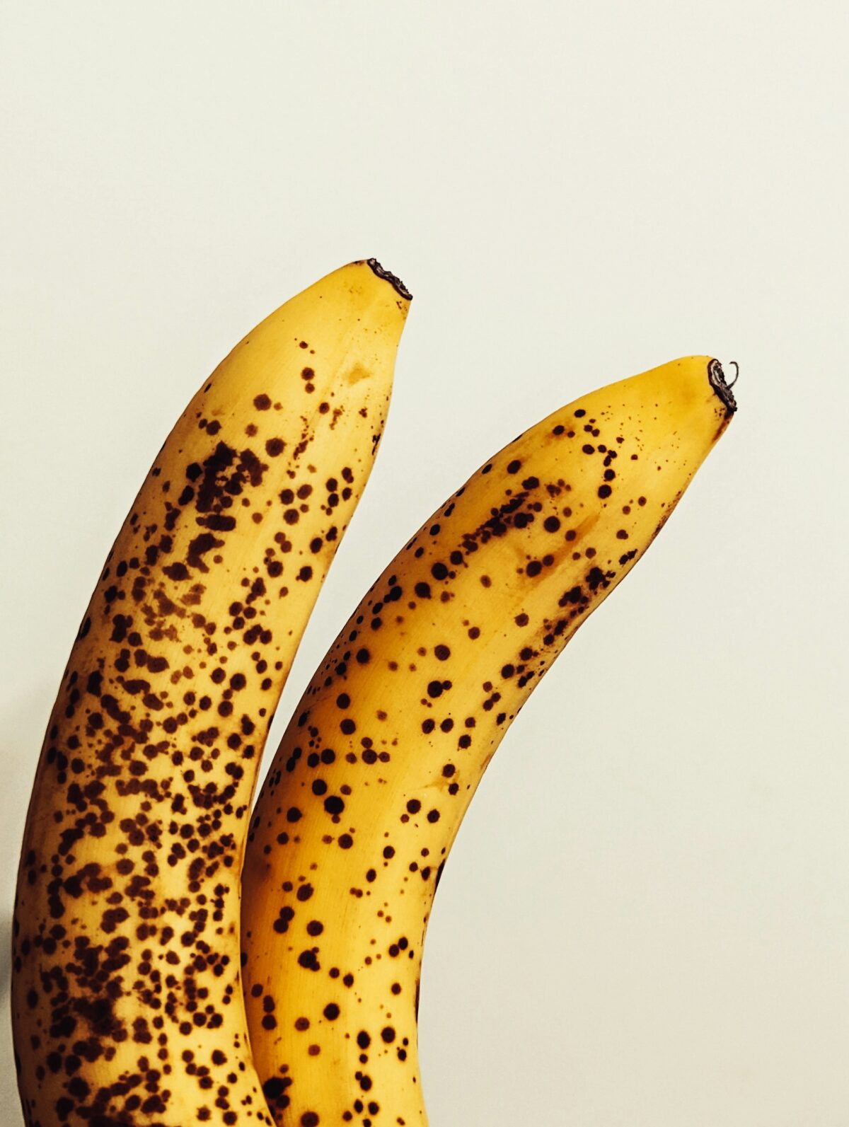 Two bananas with brown spots on the peels.