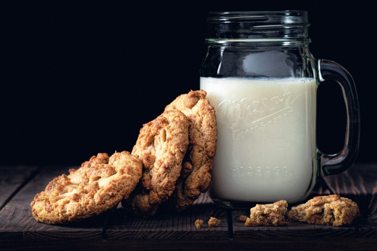 mason jar of milk and some cookies